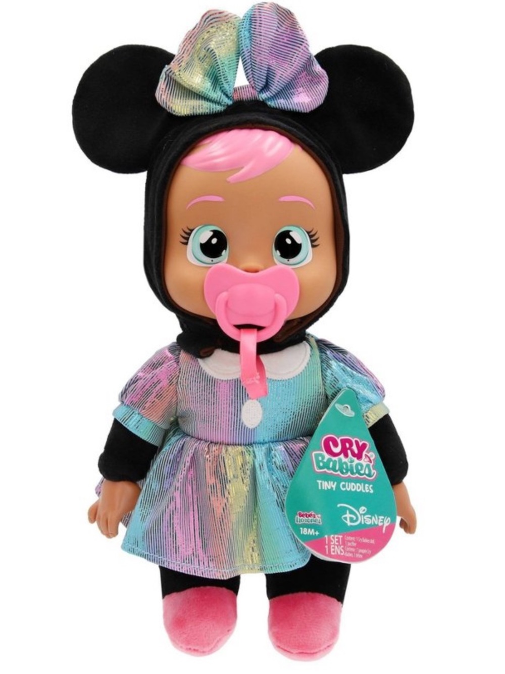 Disney Cry Babies Tiny Cuddles Minnie Mouse Rainbow Baby Doll w Pacifier - NWT